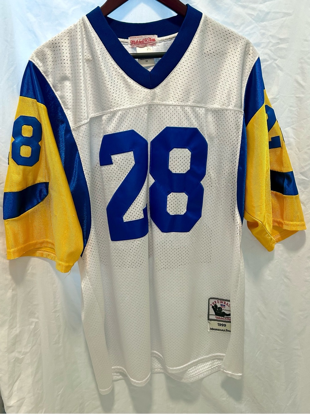 Mitchell & Ness White Blue Yellow #28 (Faulk) Football Jersey